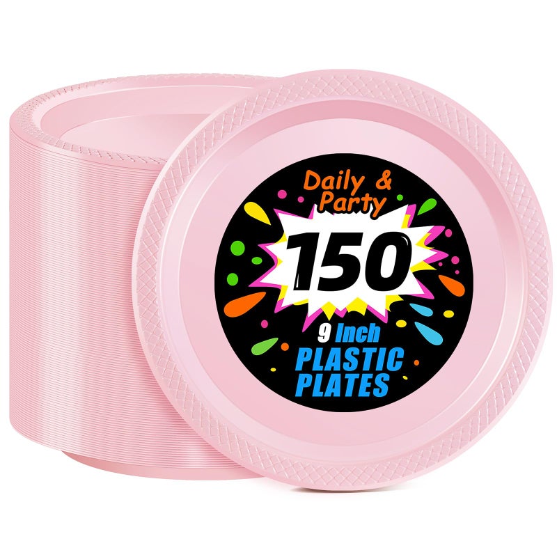 WELLIFE Pink Plastic Plates 9 Inch 150 Count for Party Disposable Plastic Party Plates for Valentines Day Easter Mothers Day Baby Shower Dinner Dessert Cake Light Pink
